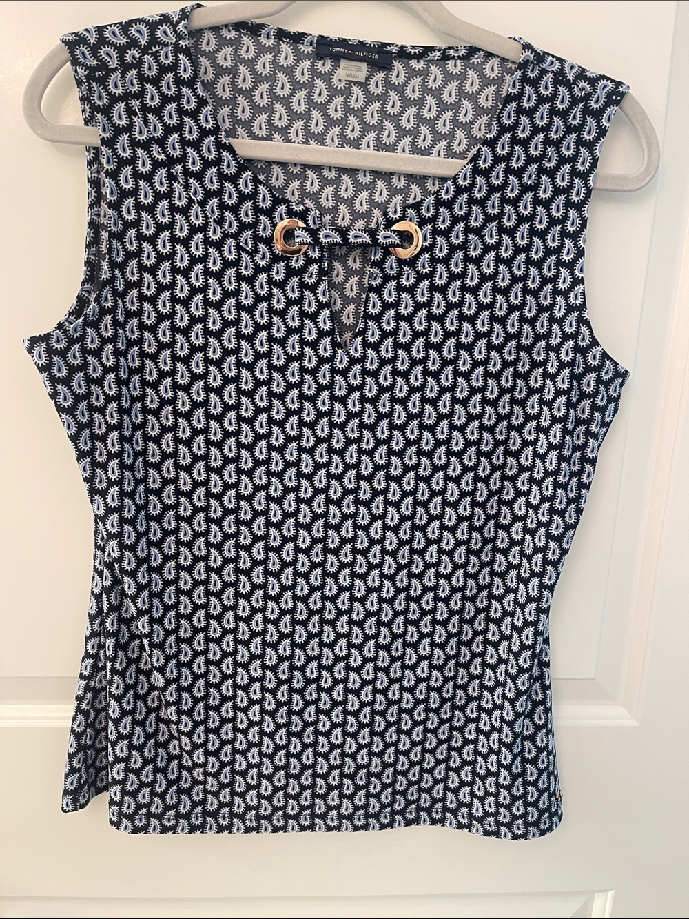 Tommy Hilfiger Navy & White Printed Sleeveless Top with Gold Accent